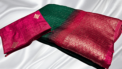 Shalimar Fancy Line Silk Saree - Dark Green & Pink
