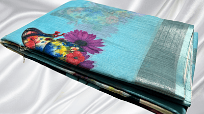 Linen Cotton Butterfly Saree - Sky Blue