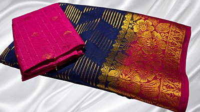 Premium Pure Mysore Silk Saree - Navy Blue & Dark Pink