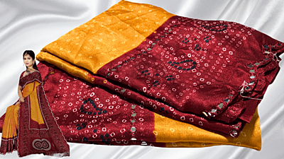 Bandhani Mirror Silk Saree - Mango Yellow & Maroon