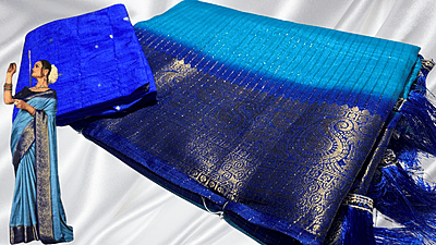 Rover Gold Line Jari Silk Saree - Turquoise & Ink Blue