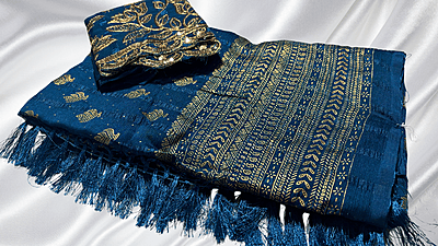 Popcorn Gold Foil Designer Saree - Ramar Blue