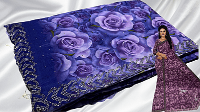 3D Digital Rose Stone Work Saree - Purple Blue
