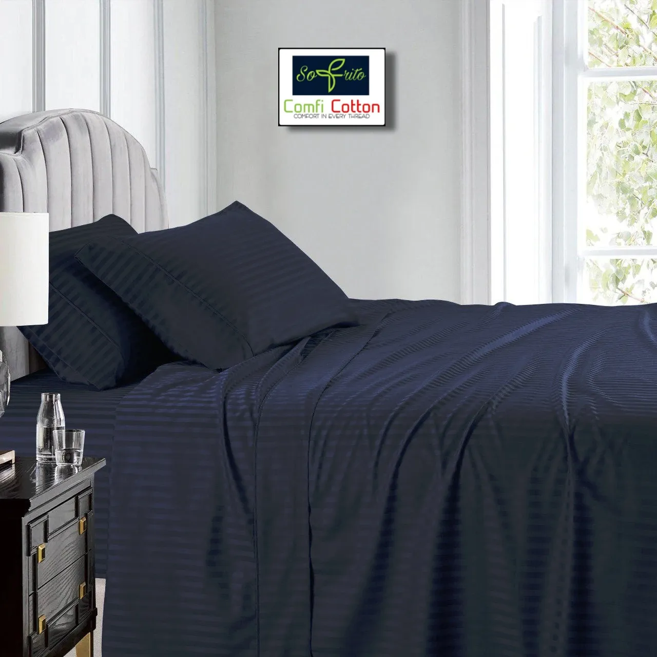 Sofrito Bedsheet (Fitted) Glace Cotton 300 TC - Striped - Hale Navy Sofrito Bedsheet (Fitted) Glace Cotton 300 TC - Striped - Hale Navy