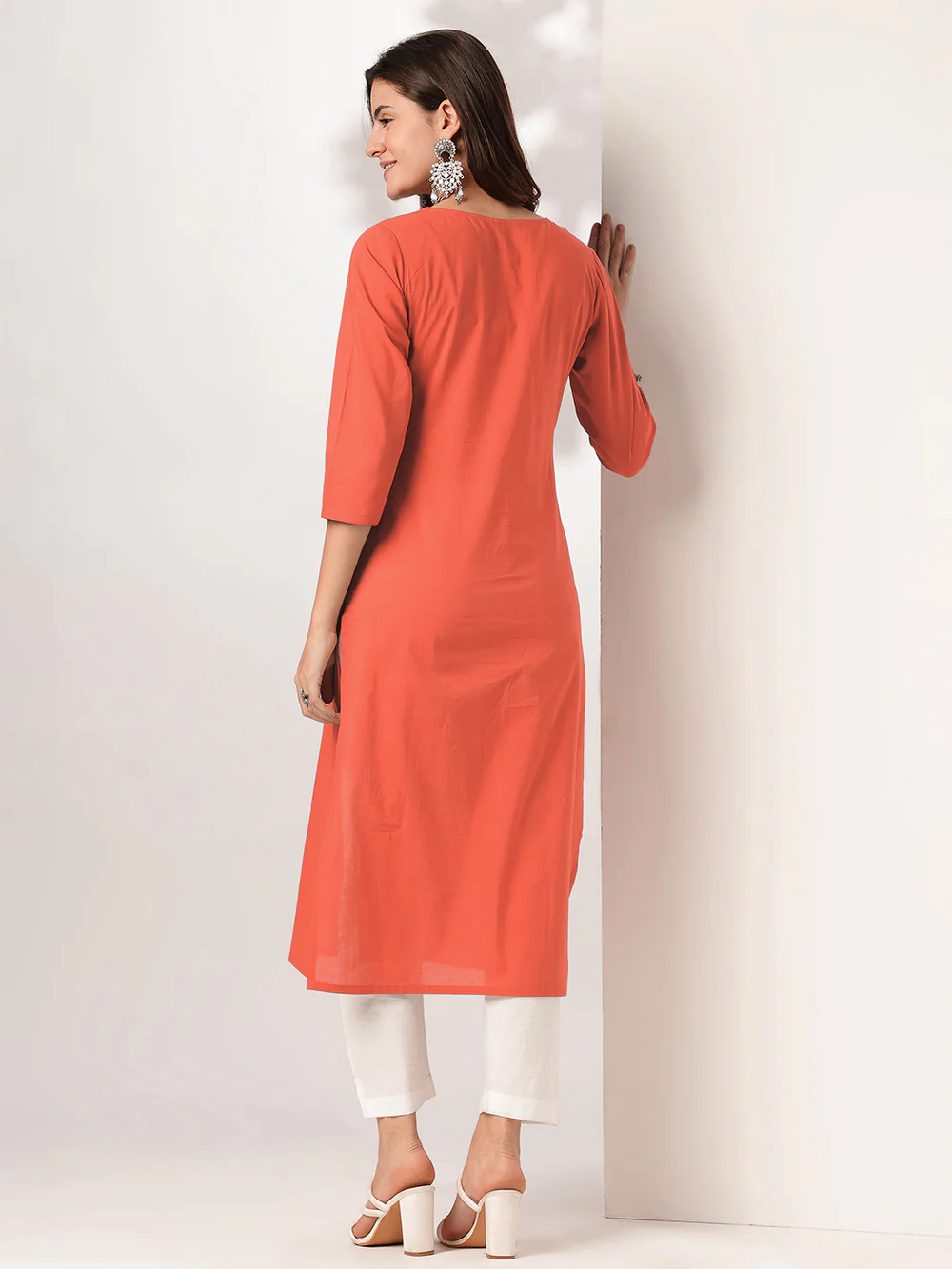 Janasya Women's Rust Pure Cotton Yoke Embroidered Straight Kurta