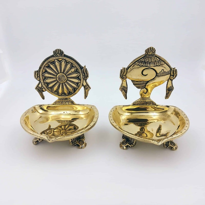 Brass Shankh Chakra Diya Set of Two - 6 inch Height | Traditional Brass Diya Set with Shankh and Chakra Design Brass Shankh Chakra Diya Set of Two - 6 inch Height | Traditional Brass Diya Set with Shankh and Chakra Design