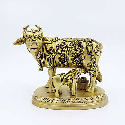 Brass Super Fine Cow and Calf Kamadhenu - 3.8 inch Height | Intricate Brass Cow and Calf Kamadhenu for Prosperity