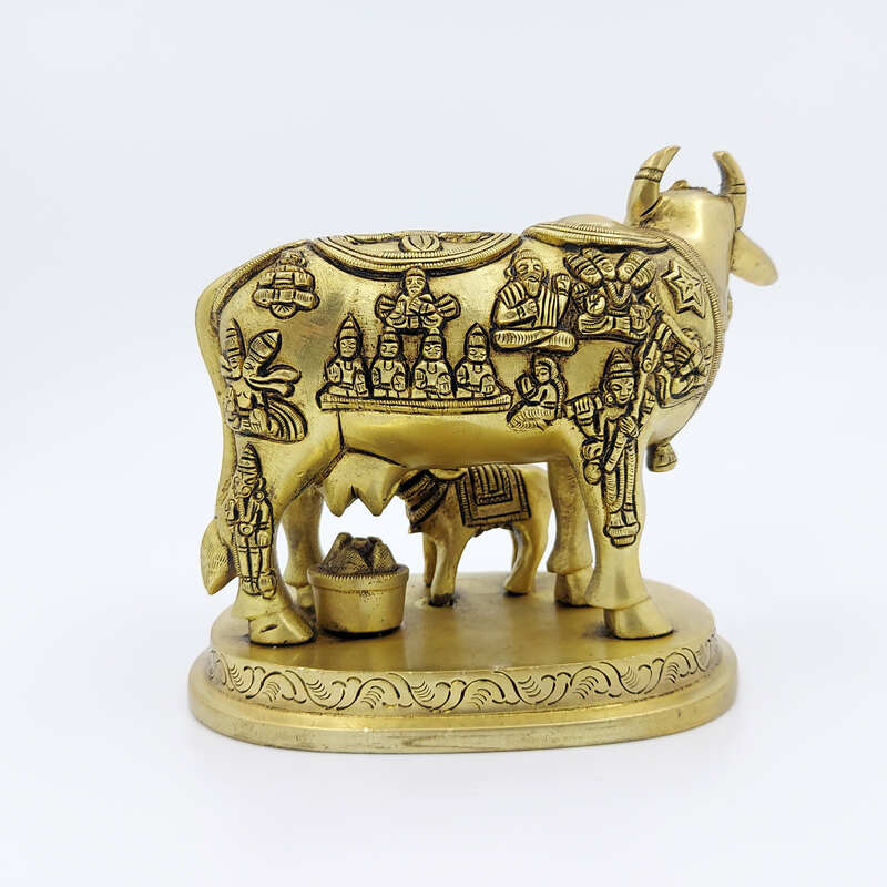 Brass Super Fine Cow and Calf Kamadhenu - 3.8 inch Height | Intricate Brass Cow and Calf Kamadhenu for Prosperity