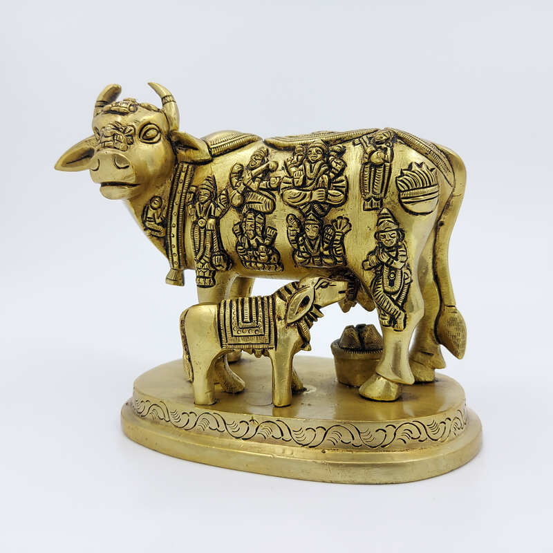 Brass Super Fine Cow and Calf Kamadhenu - 3.8 inch Height | Intricate Brass Cow and Calf Kamadhenu for Prosperity