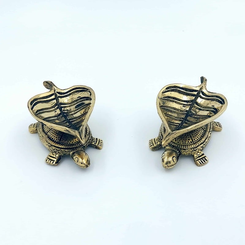 Brass Tortoise Pipal Leaf Diya Pair - 1.5 inch Height | Symbol of Stability and Fortune Brass Tortoise Pipal Leaf Diya Pair - 1.5 inch Height | Symbol of Stability and Fortune
