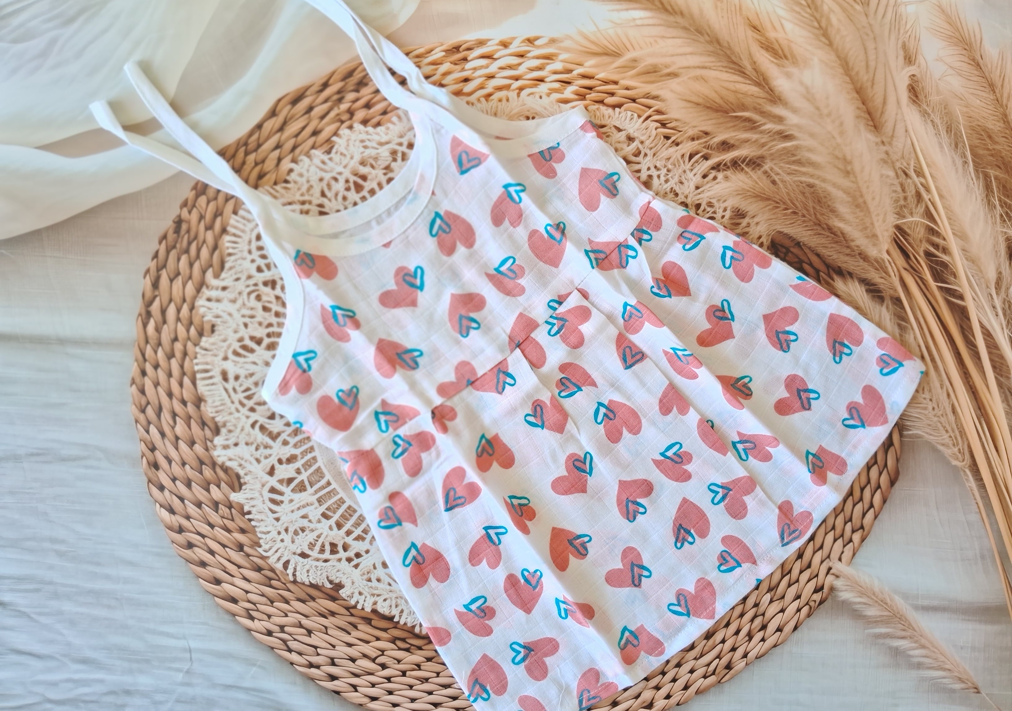Muslin Knot Frock - Red & Blue Hearts Muslin Knot Frock - Red & Blue Hearts
