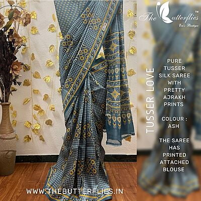 Pure Tusser Silk Saree with Pretty Ajrakh Prints BMRSTUS18139