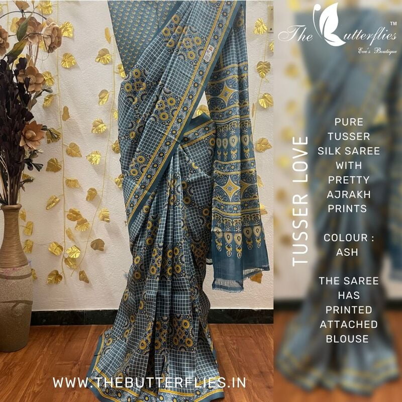 Pure Tusser Silk Saree with Pretty Ajrakh Prints BMRSTUS18139