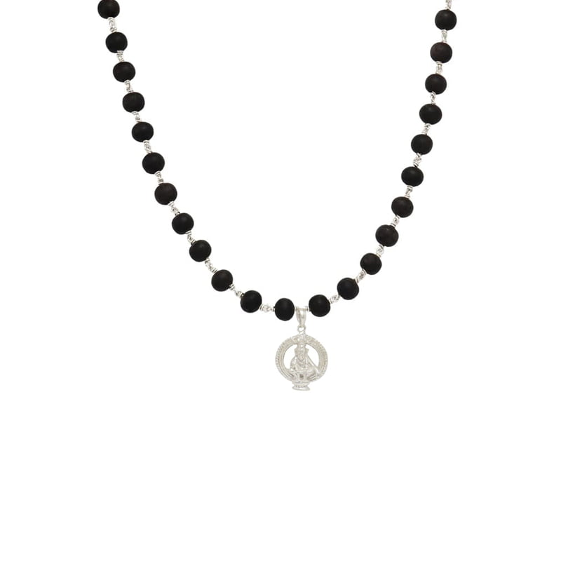 Silver Tied Wooden Beads ebony Mala (Black)with Ayyappan Pendant