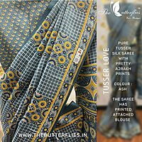 Pure Tusser Silk Saree with Pretty Ajrakh Prints BMRSTUS18139