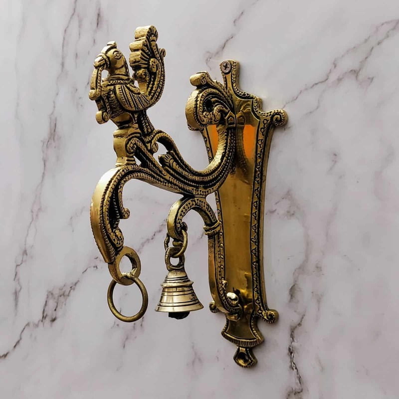 Brass Wall Mount Peacock Bracket with Bell and Hook for Hanging - 8.5 inch Height | Decorative Brass Peacock Bracket with Bell and Hook Brass Wall Mount Peacock Bracket with Bell and Hook for Hanging - 8.5 inch Height | Decorative Brass Peacock Bracket with Bell and Hook