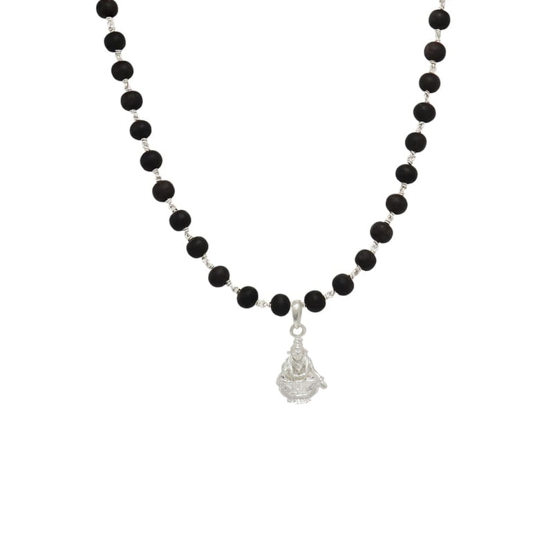 Silver Tied Wooden Beads ebony Mala (Black) with Iyyappan Pendant