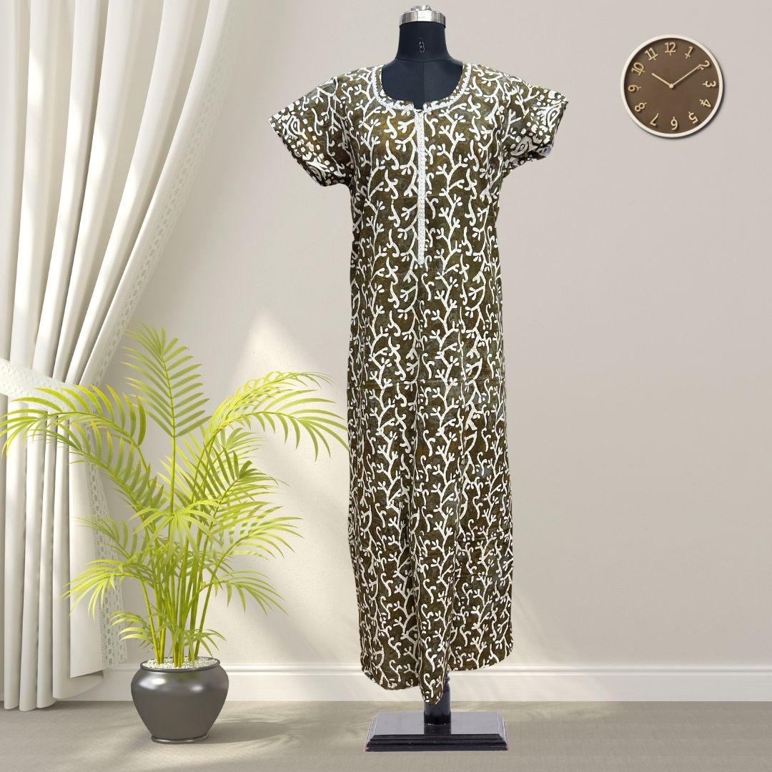 Dark Green Batik Cotton Nighty With All Over From Libas Loungewear - AL1092 Dark Green Batik Cotton Nighty With All Over From Libas Loungewear - AL1092
