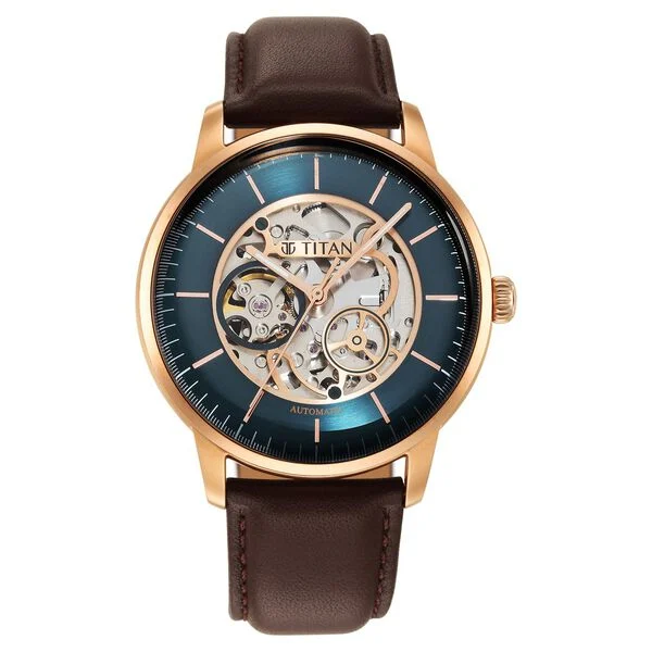 Titan Skeletal Automatic Blue Dial Brown Leather Strap Watch for Men