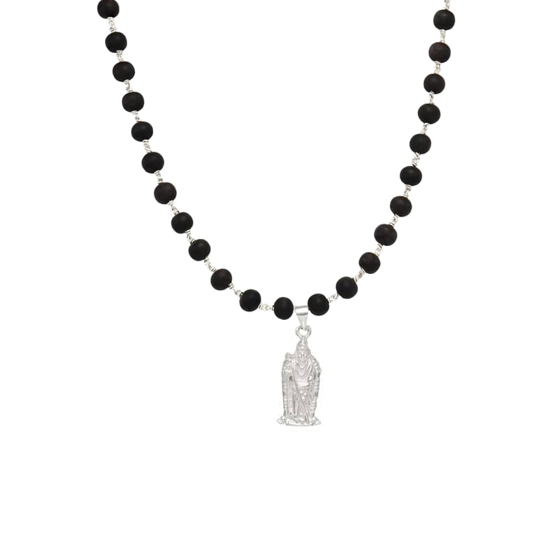 Silver Tied Wooden Beads ebony Mala (Black) with Murugan Pendant