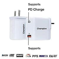Champion 25W PD Wall Charger/Adapter with Dual Output (USB + Type C) Supports PPS/Warp/Dash/SuperVooc Charging Via USB Port & PD Charge Via Type-C for iPhone & Android Devices (White) Champion 25W PD Wall Charger/Adapter with Dual Output (USB + Type C) Supports PPS/Warp/Dash/SuperVooc Charging Via USB Port & PD Charge Via Type-C for iPhone & Android Devices (White)