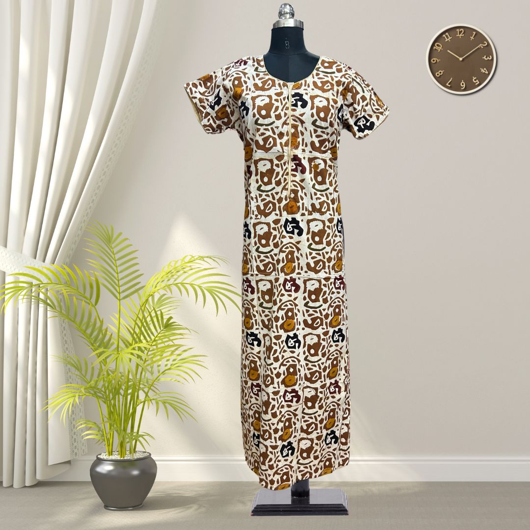Ashy Brown Batik Cotton Nighty With All Over From Libas Loungewear - AL1095 Ashy Brown Batik Cotton Nighty With All Over From Libas Loungewear - AL1095