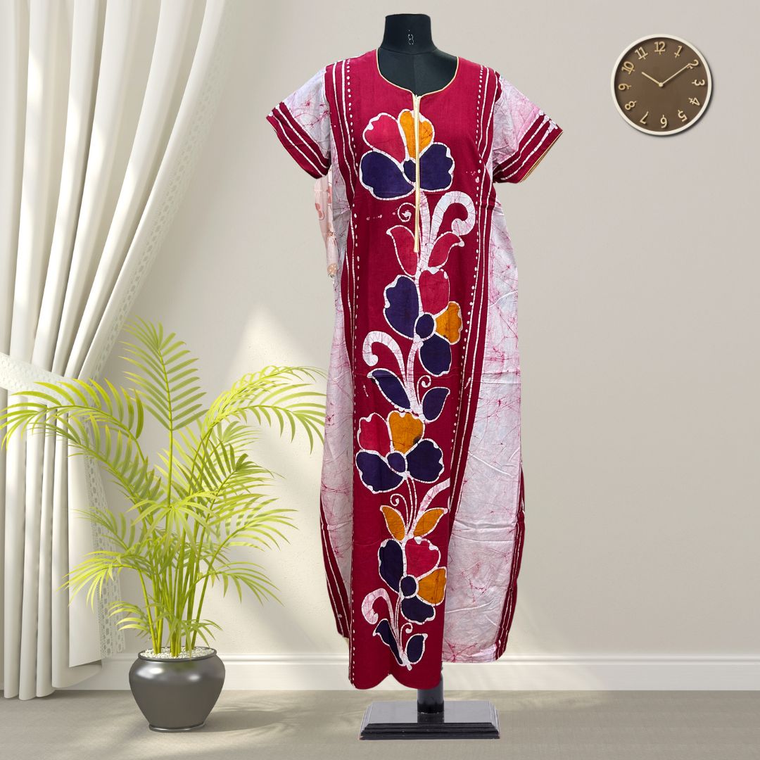 Pinky Red Batik Cotton Nighty With All Over From Libas Loungewear - AL1085 Pinky Red Batik Cotton Nighty With All Over From Libas Loungewear - AL1085