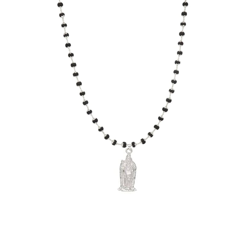 Silver Capped Black Wooden Beads Mala with Murugan Pendant Silver Capped Black Wooden Beads Mala with Murugan Pendant