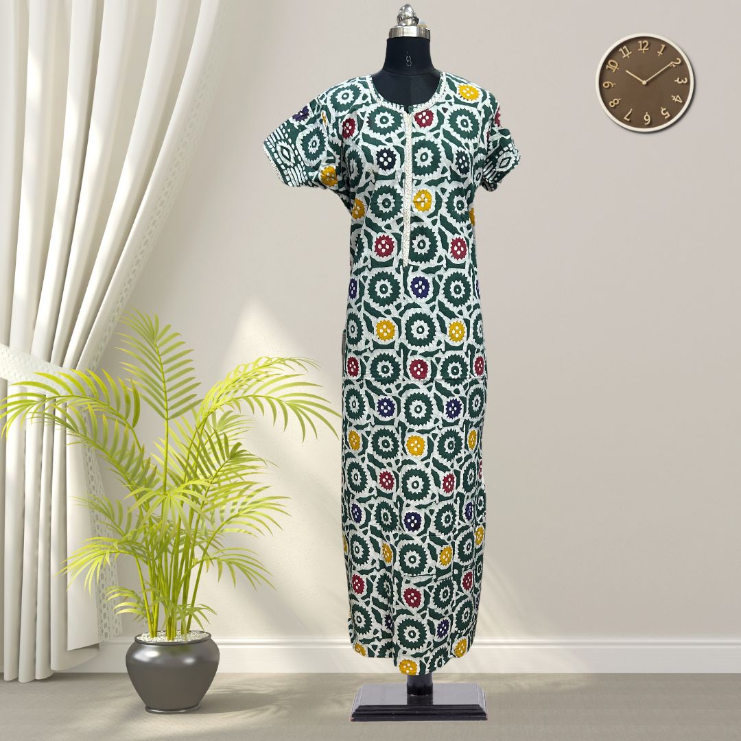 Bottle Green Batik Cotton Nighty With All Over From Libas Loungewear - AL1096 Bottle Green Batik Cotton Nighty With All Over From Libas Loungewear - AL1096