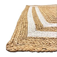 Handmade Jute Area Rug, Natural with White Border Stripes, Coastal Boho Farmhouse Style