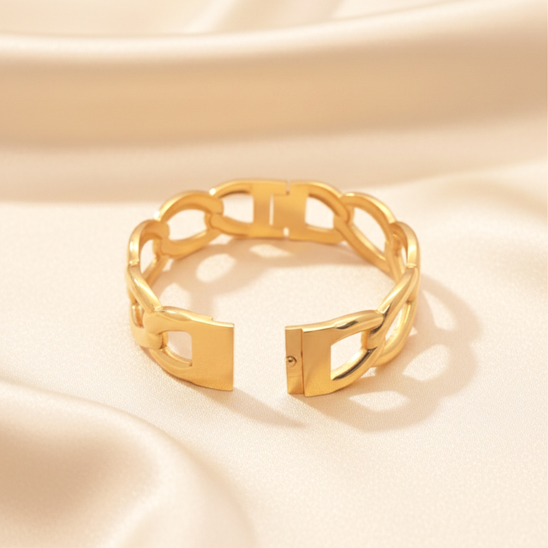KAYYA21 Curb Link Bangle with Hidden Clasp Bracelet – Gold Finish Stainless Steel