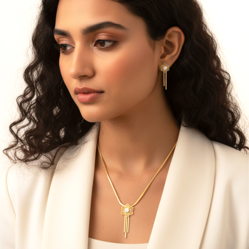 KAYYA21 Elegant Gold-Plated Necklace & Earring Set – Stainless Steel Gold Finish