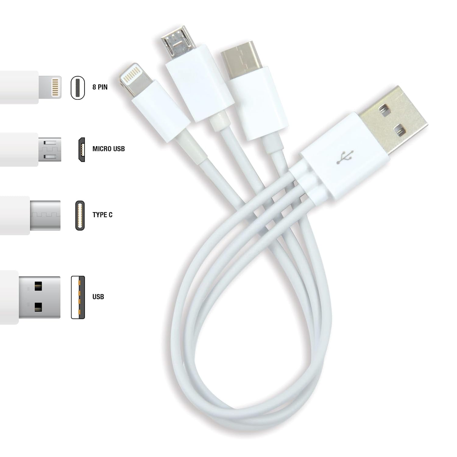 3 IN 1 Data Cable Compatible with Power Bank, Charger, Smartphone (White)