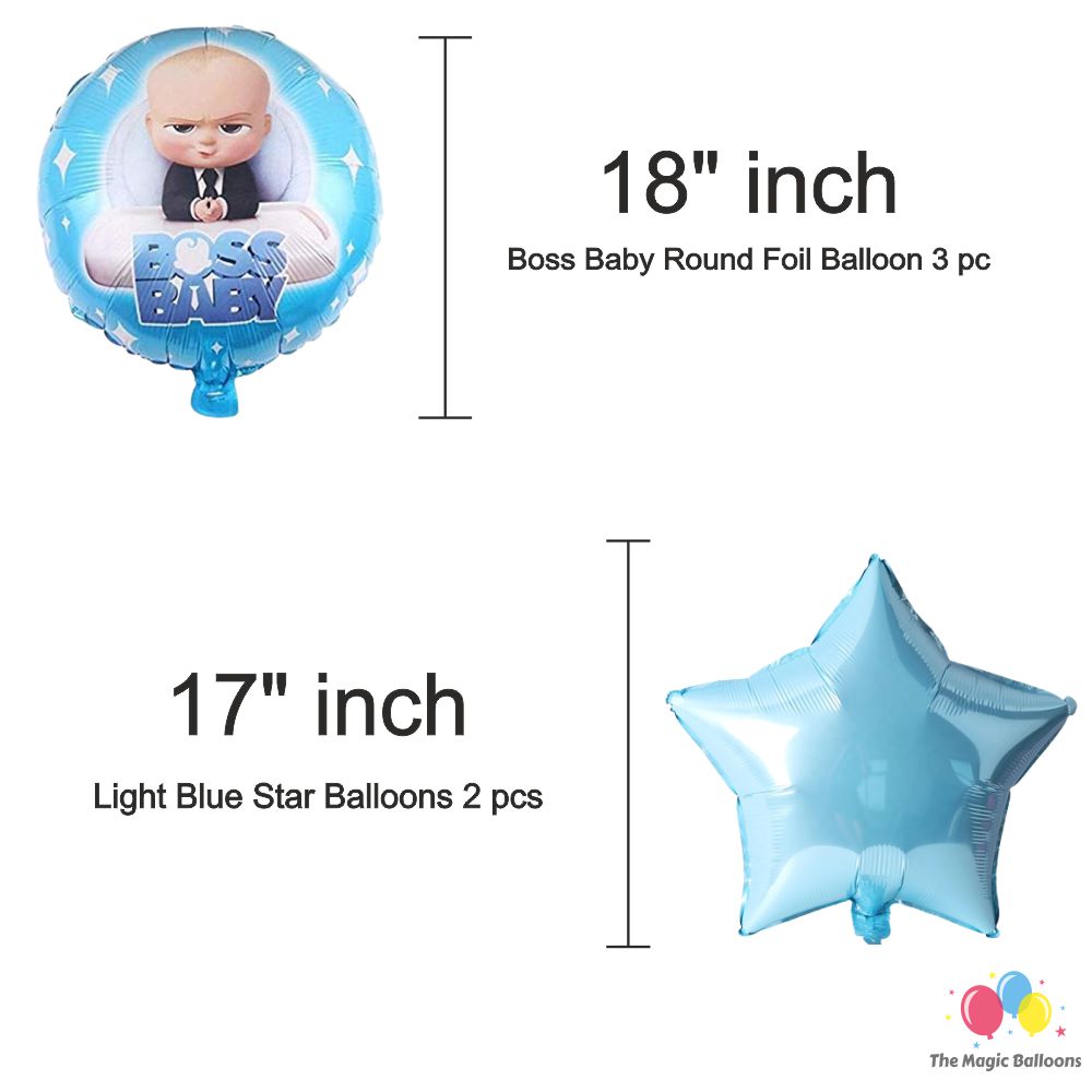 The Magic Balloons Boss Baby Birthday Party Decoration combo kits –Boss Baby Birthday Combo Pack of 38 Pcs, foil Balloons 5 pcs Set,1 Happy Birthday banner, 2 Foil Curtains,30 Printed Balloons-181476