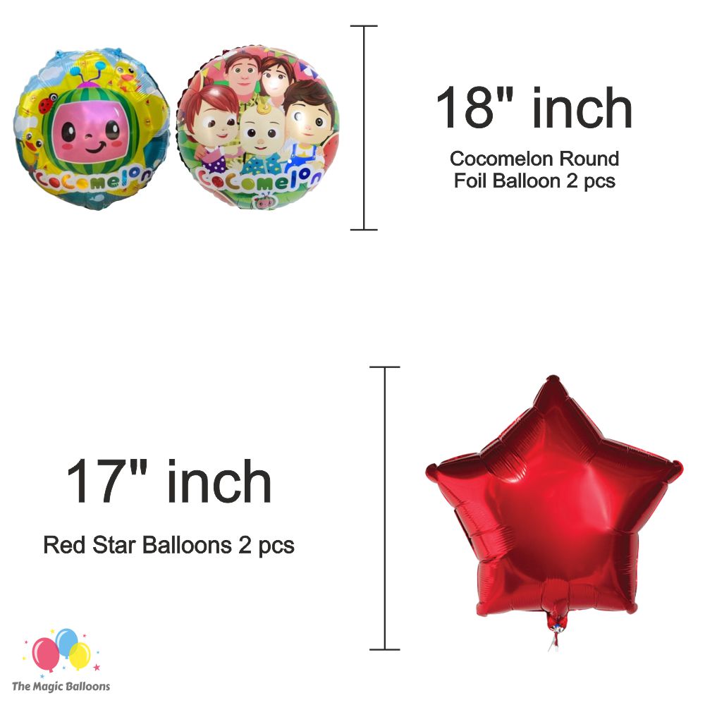 The Magic Balloons Store – Cocomelon Birthday Party Decoration combo kits – Cocomelon Birthday Combo Pack of 38 Pcs, foil 5 pcs Set,1 Happy Birthday banner, 2 Foil Curtains,30 Balloons-181548