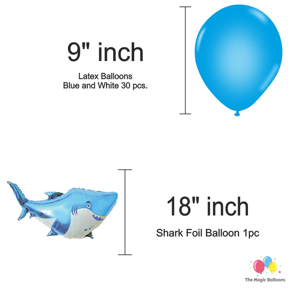 The Magic Balloons Store – Shark Theme Birthday Party Decoration combo kits – Shark Theme Birthday Combo Pack of 38 Pcs, foil 5 pcs Set,1 Happy Birthday banner, 2 Foil Curtains, 30 Balloons-181552