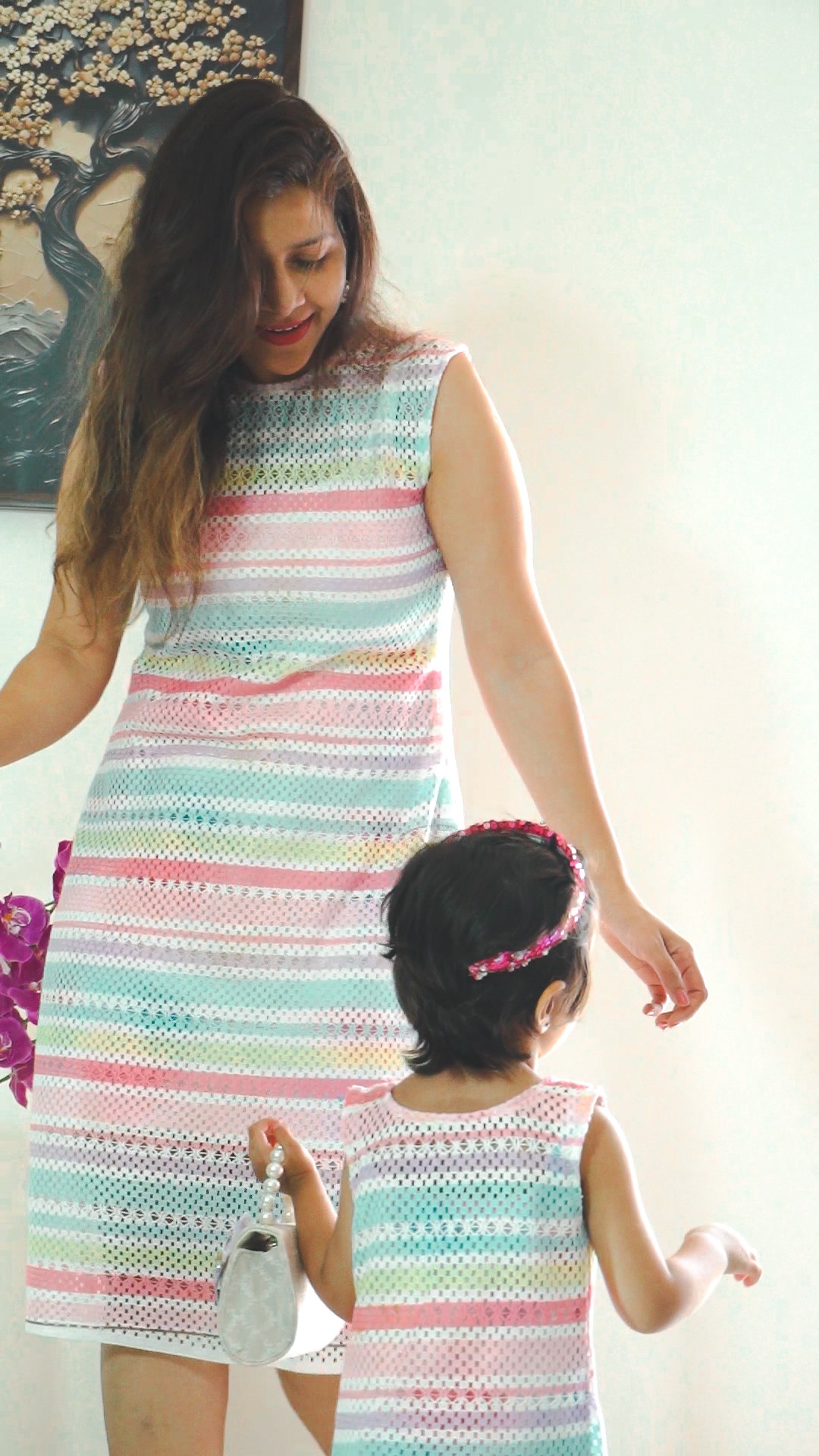 Pastel Harmony Mother-Daughter Dress Set with Soft Striped Elegance Pastel Harmony Mother-Daughter Dress Set with Soft Striped Elegance