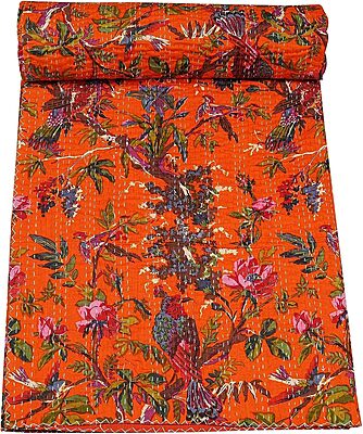 Marubhumi Quilts Indian Handmade Indian Traditional Blankets, Reversible, Fruit Print Kantha Quilt, Comforter, Navy - Queen 90 x 108 Inches