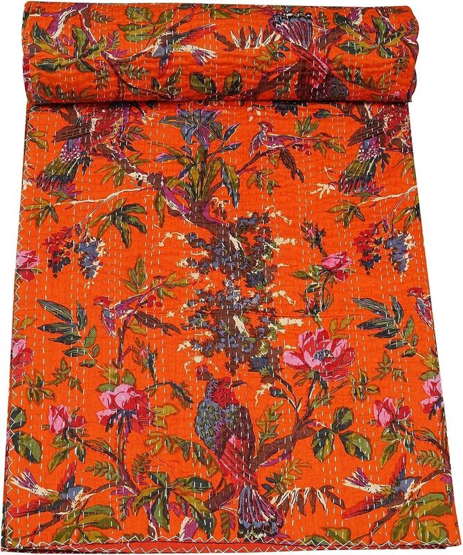 Marubhumi Quilts Indian Handmade Indian Traditional Blankets, Reversible, Fruit Print Kantha Quilt, Comforter, Navy - Queen 90 x 108 Inches