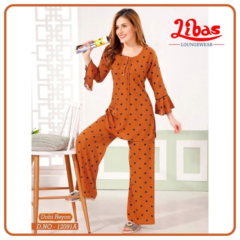 Rust Orange Premium Twill Women Night Suit With Palazzo Style From Libas Loungewear - FPS138 Rust Orange Premium Twill Women Night Suit With Palazzo Style From Libas Loungewear - FPS138