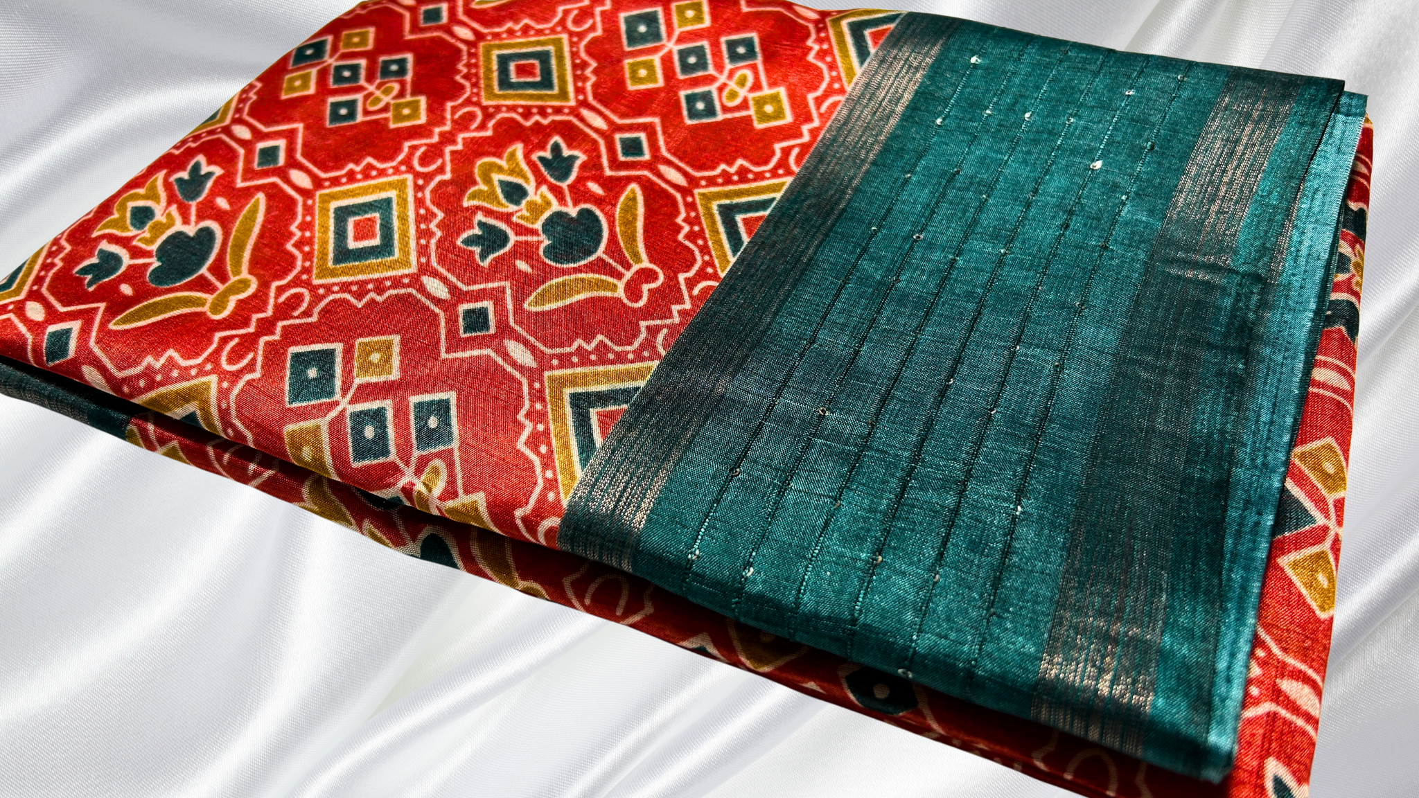 Dola Patola Sequence Saree - Red Orange & Pine