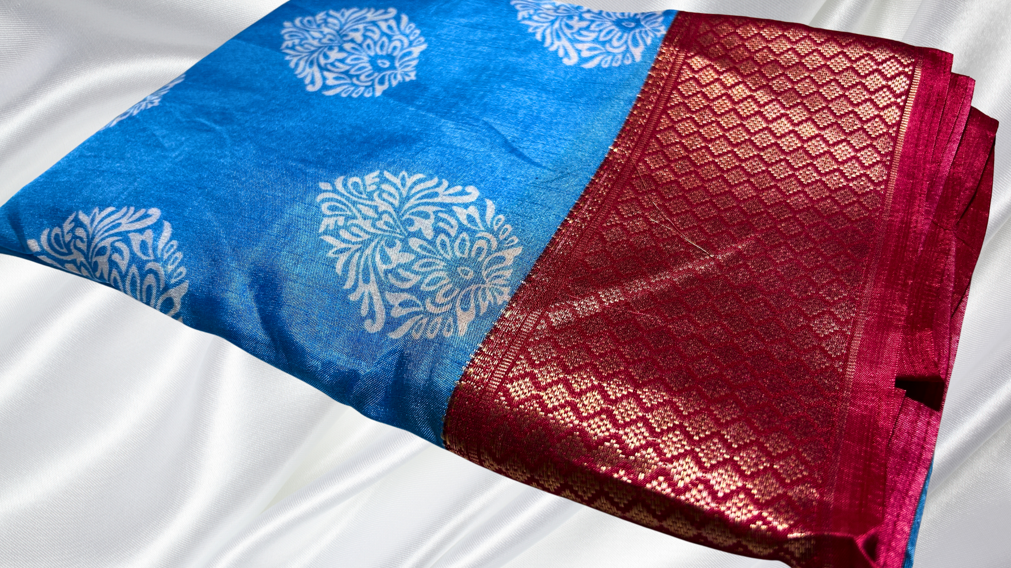 Dola Fancy Jari Saree - Aqua & Dark Red