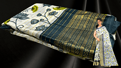 White Lotus Gold Foil Saree - Aqua Blue