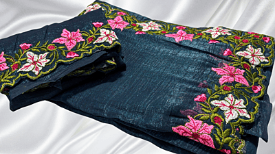 Fendy Shiny Floral Embroidery Saree - Blueish Green
