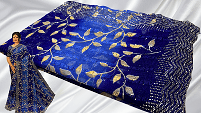 Grand Stone Popcorn Leaf Saree - Ink Blue