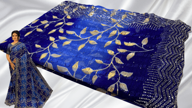 Grand Stone Popcorn Leaf Saree - Ink Blue