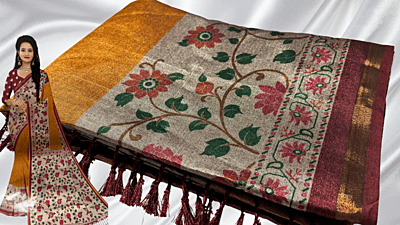 Chanderi Silk Digital Floral Saree - Gold Honey