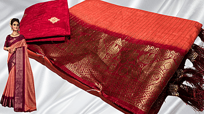 Rover Gold Line Jari Silk Saree - Peach & Maroon
