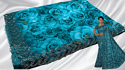 3D Digital Rose Stone Work Saree - Blueish Green
