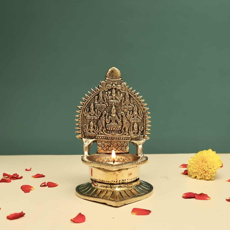 Brass Asta Lakshmi Deepam/Lamp - 6 inch Height | Auspicious Brass Deepam/Lamp with Asta Lakshmi Design for Sacred Lighting Brass Asta Lakshmi Deepam/Lamp - 6 inch Height | Auspicious Brass Deepam/Lamp with Asta Lakshmi Design for Sacred Lighting